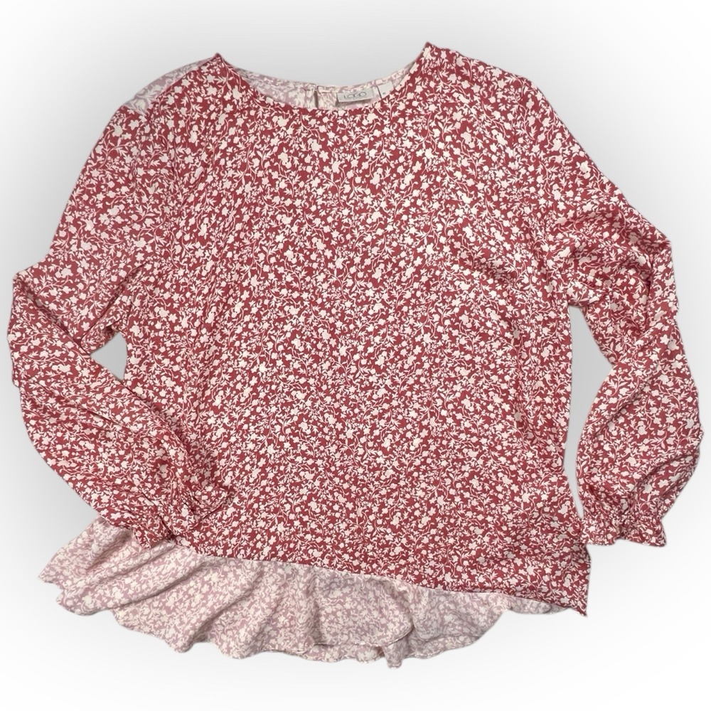 LOGO Lori Goldstein Boho Blouse Women Sz 1X Red Cream Floral Ruffle Asymmetrical